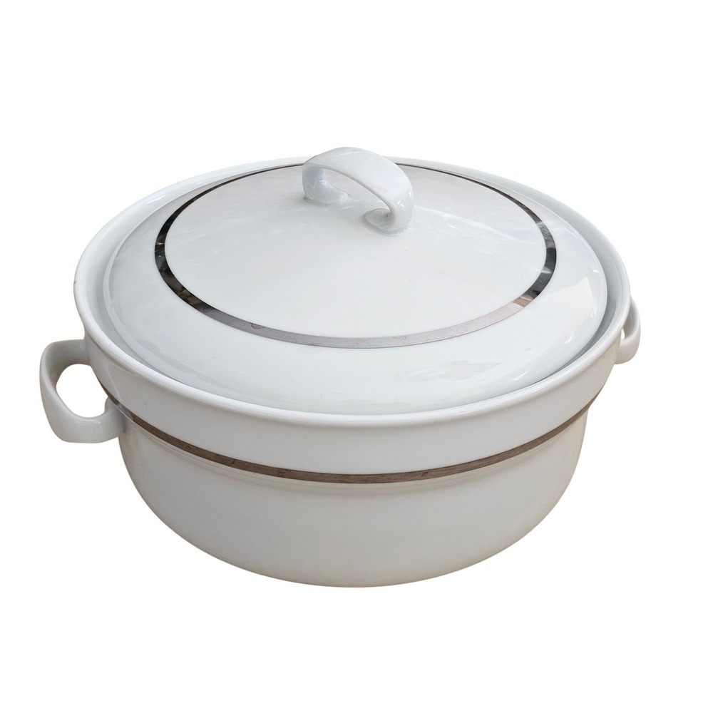 Ginori Italy Ceramic Round Soup Tureen with Silver Trim Lid Double Handle 8.25in